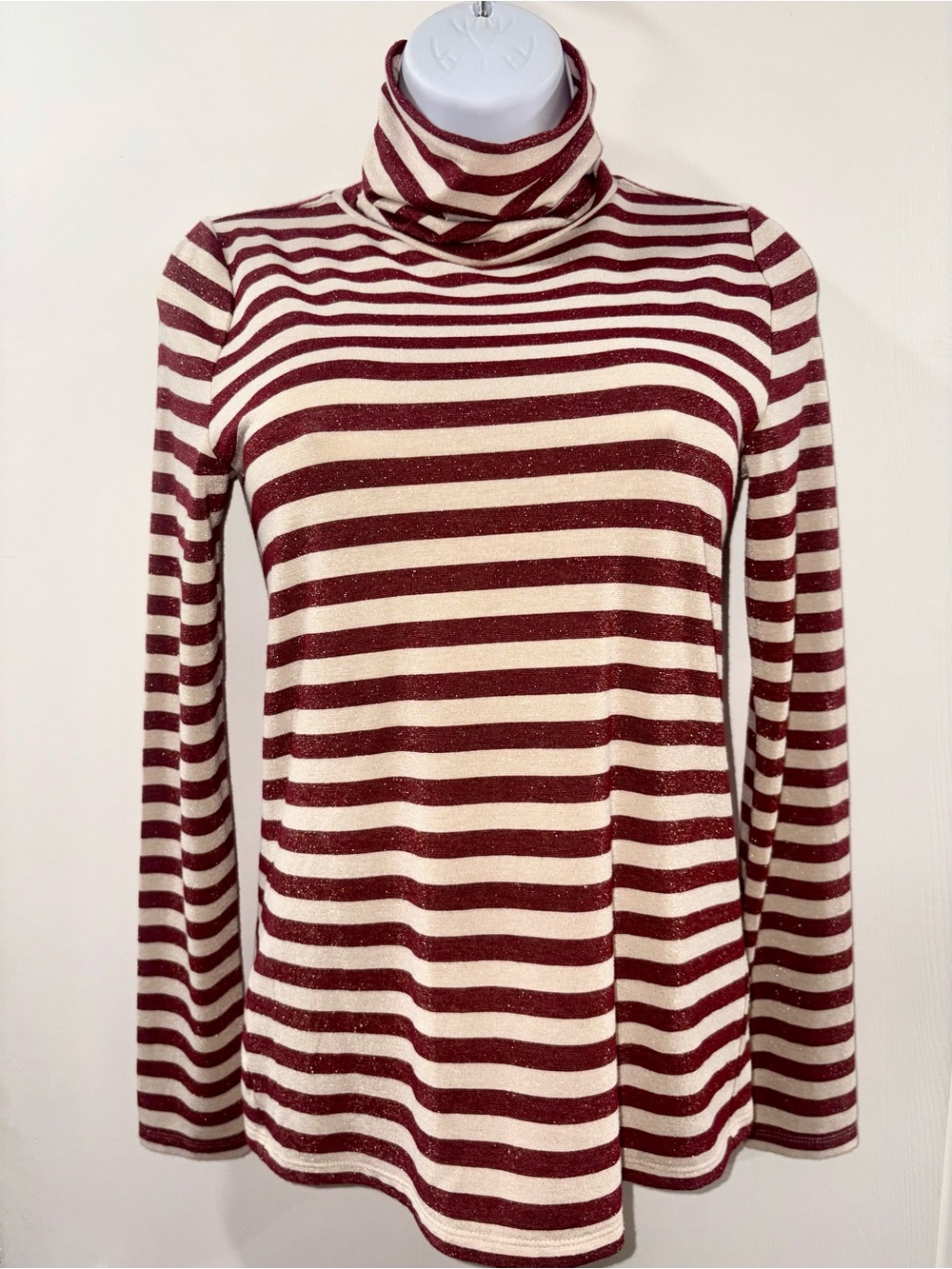 LOFT Burgundy and Cream Shimmer Striped Turtleneck Top